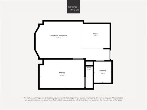 A black and white image of a floor plan for a property by Brick+Timber.
